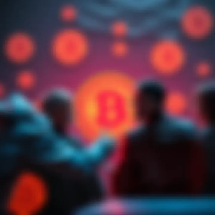 A group of people discussing cryptocurrency concepts with Bitcoin symbols in the background.