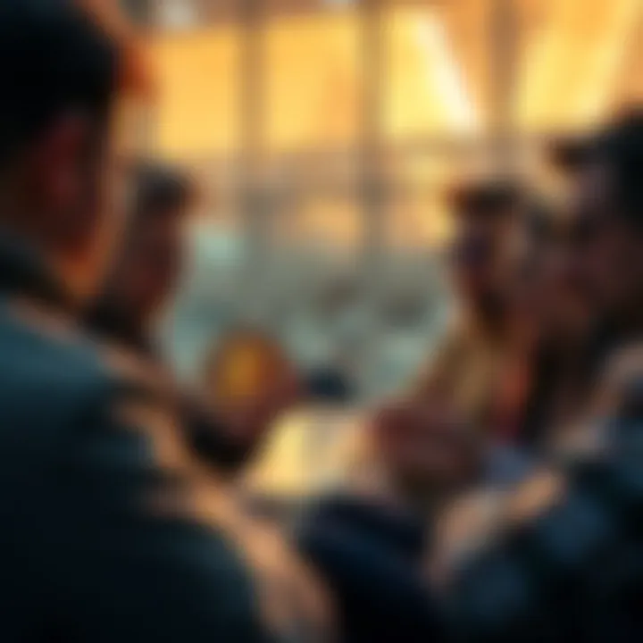 A group of people engaged in a discussion about Bitcoin's value as an investment or a long-term asset like gold.