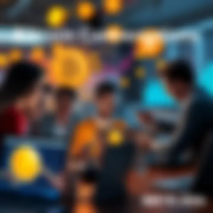 A group of people engaged in a lively debate about Bitcoin, with laptops and smartphones, surrounded by Bitcoin symbols and graphs.