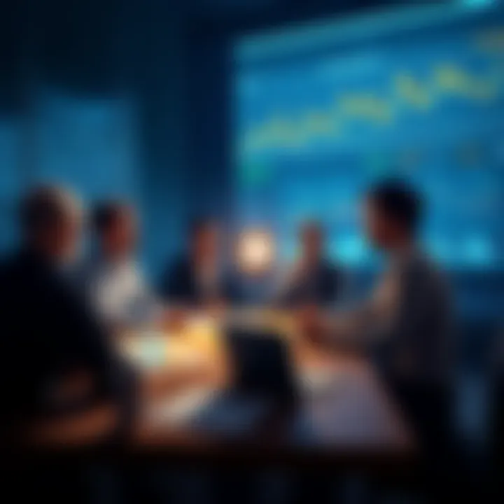 A group of people discussing Bitcoin investment strategies with charts and graphs on a table