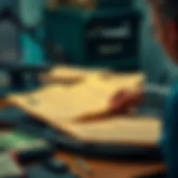 A person looking through old papers related to Bitcoin on a desk
