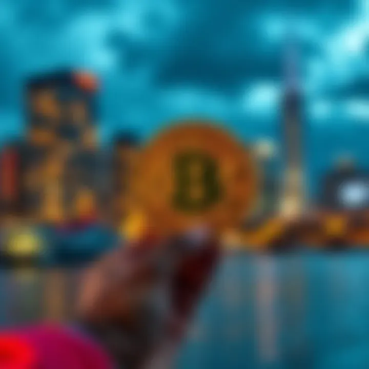Bitcoin financial freedom A person holding a Bitcoin symbol with a city skyline in the background, representing financial independence through cryptocurrency.
