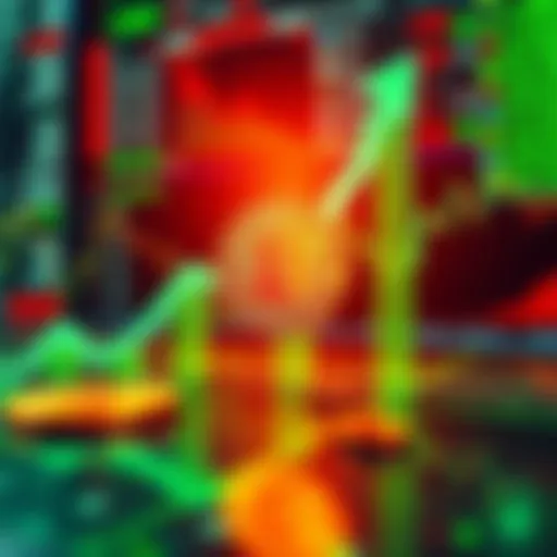 Visual representation of Bitcoin's price rise over the week, showcasing green upward arrows alongside tech stock graphs declining, symbolizing Bitcoin's strength despite market turmoil.