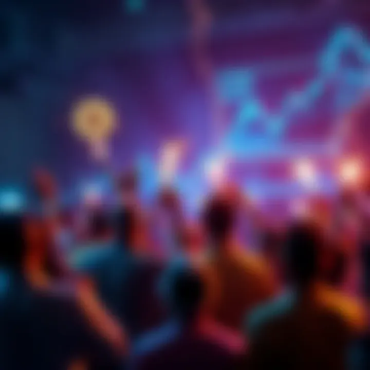 People celebrating Bitcoin halving with digital graphics of Bitcoin and market charts in the background