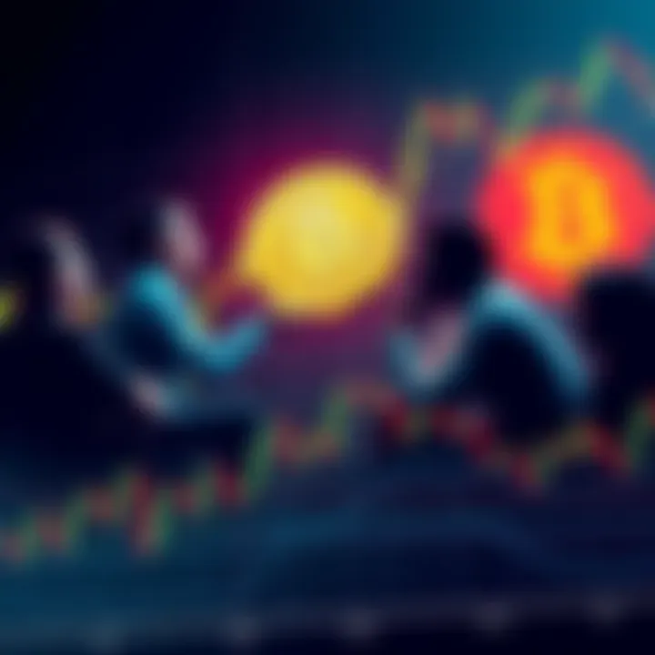 A group of people discussing the implications of Bitcoin Halving on a market graph showing fluctuating prices and trends.