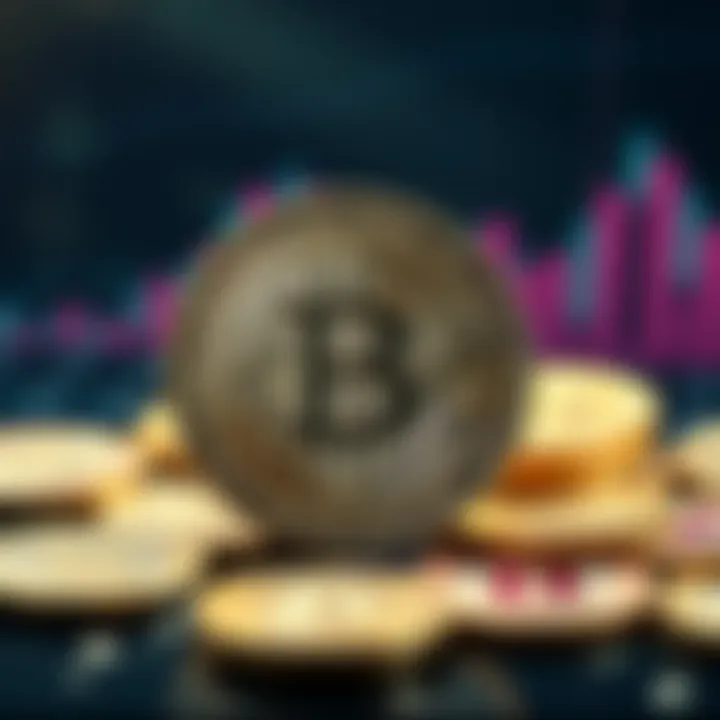 A graphic showing Bitcoin being halved, with coins and market trend lines in the background.