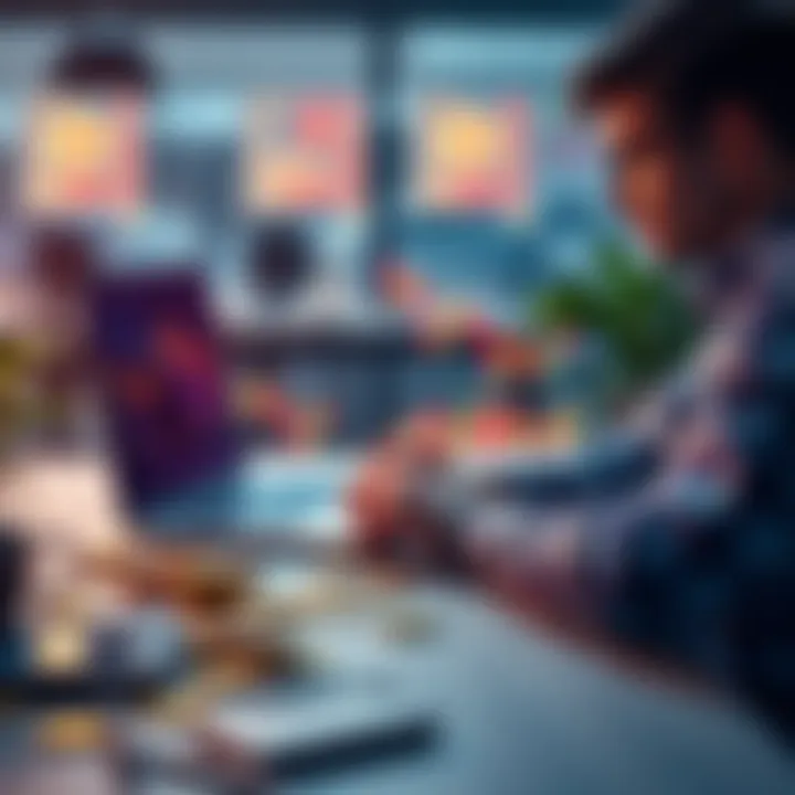 Bitcoin Hodler Planning A person looking at a Bitcoin chart on a laptop, considering long-term investment strategies, with coins scattered on the table.