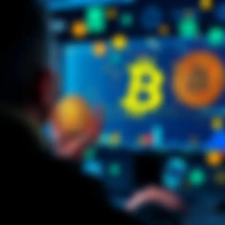 A person looking at a screen displaying Bitcoin prices, surrounded by abstract representations of money and digital assets, indicating confusion about cryptocurrency's real value.