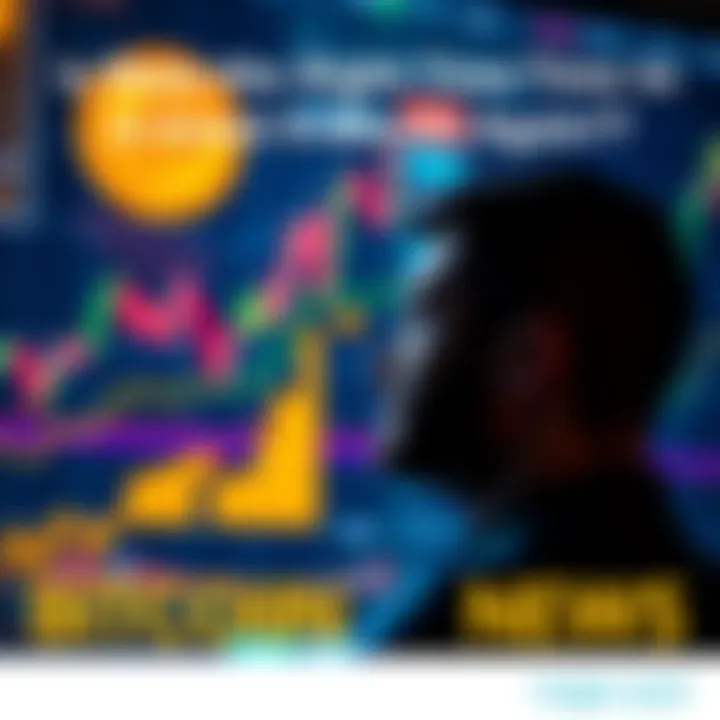 A person contemplating a Bitcoin investment, with charts in the background showing rising trends and a Bitcoin symbol on a digital display.
