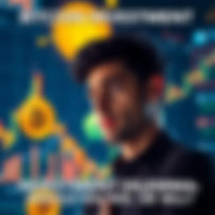 Bitcoin Investment Decisions A person looking at a Bitcoin chart with a worried expression, contemplating whether to sell or hold their investment, surrounded by graphs and investment symbols.