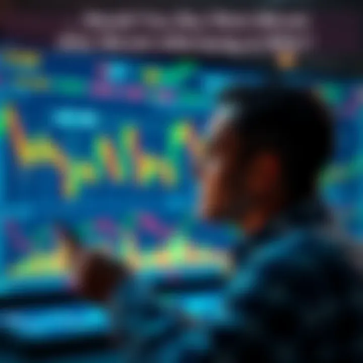 A person analyzing Bitcoin price charts and market trends, contemplating buying more Bitcoin.