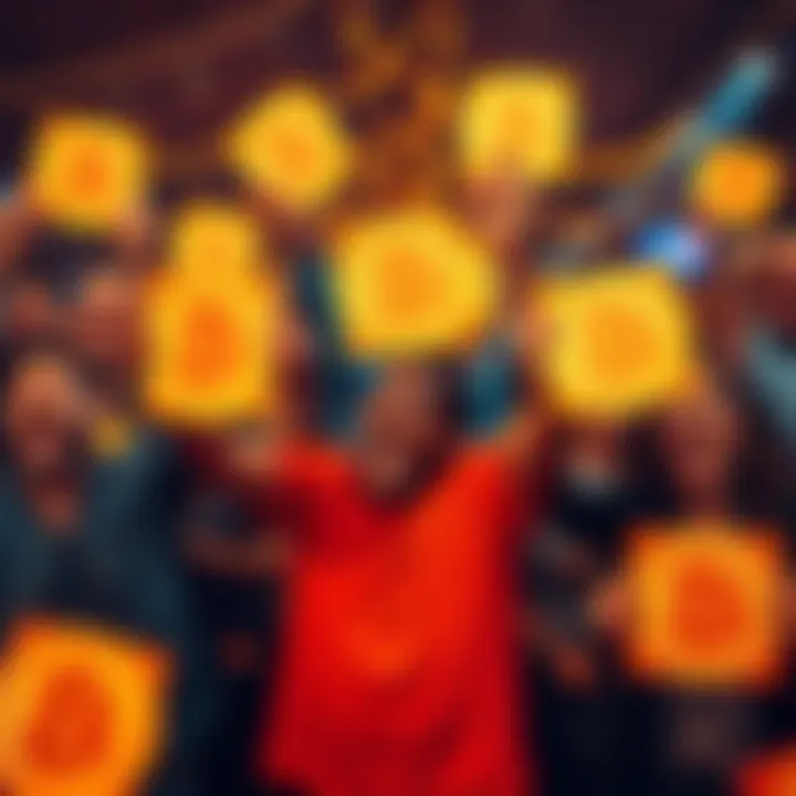A group of enthusiastic Bitcoin investors celebrating after lowering their average purchase price. They are holding up signs with Bitcoin symbols and smiling.