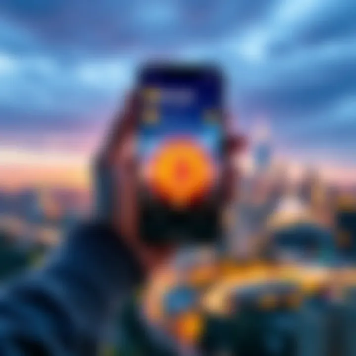 Bitcoin Journey A person holding a smartphone displaying a Bitcoin wallet with a city skyline in the background, symbolizing the journey to owning Bitcoin.