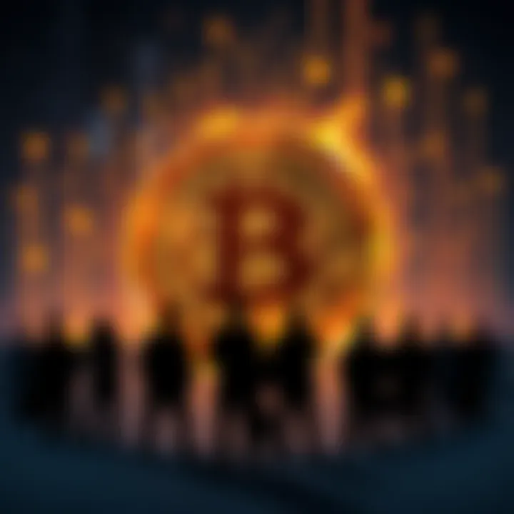 A visual representation of the limited supply of Bitcoin, featuring a digital Bitcoin symbol surrounded by shadows of potential buyers, symbolizing scarcity.