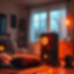 A Bitcoin miner set up in a living room, radiating warmth, with a home heating system in the background.