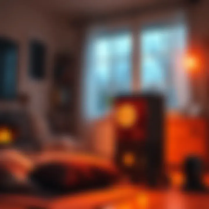 Bitcoin miner heating a home A Bitcoin miner set up in a living room, radiating warmth, with a home heating system in the background.