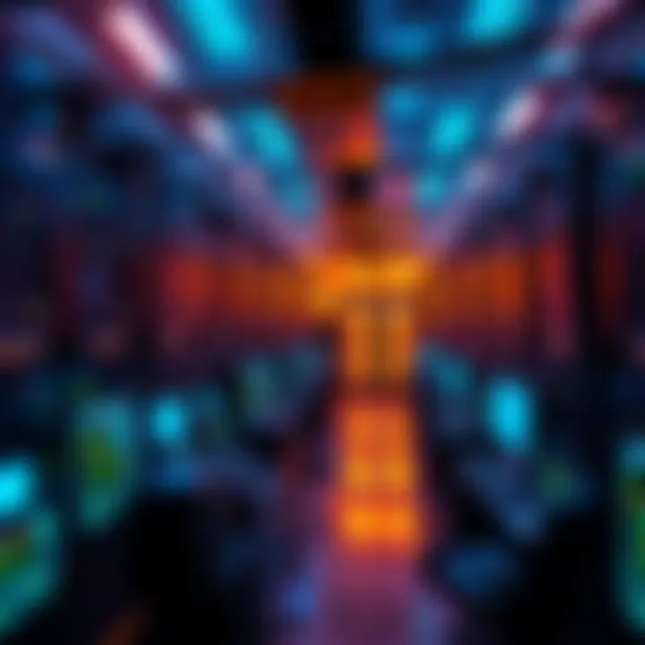 A large mining facility with numerous computers and equipment actively mining bitcoins, showcasing bright screens and busy activity.