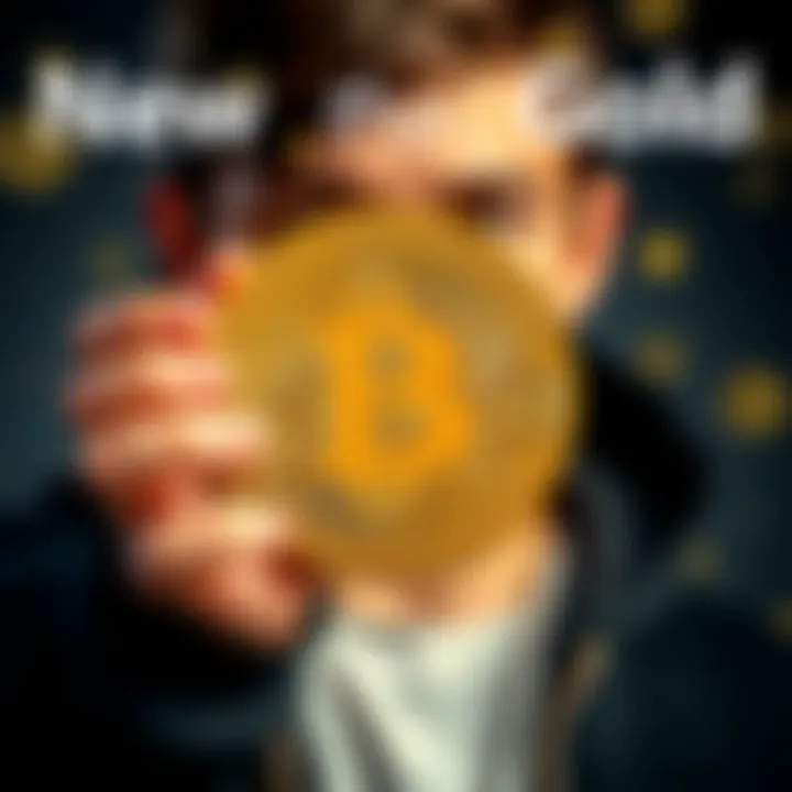 A young person holding a Bitcoin symbol with gold coins in the background, representing the shift from traditional gold to Bitcoin for financial security.