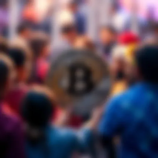 A group of diverse people discussing Bitcoin with the cryptocurrency symbol in the center