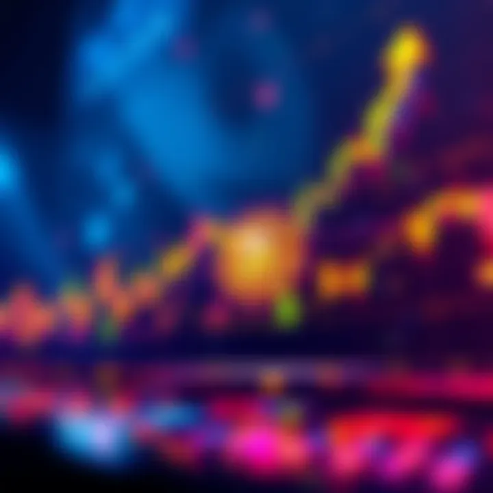 A colorful chart showing Bitcoin's price fluctuating dramatically, with arrows indicating movement up and down.