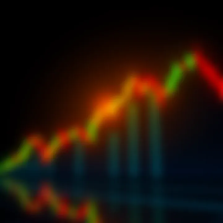 A downward trend line representing Bitcoin's price drop, with green and red candlestick bars indicating market reactions.