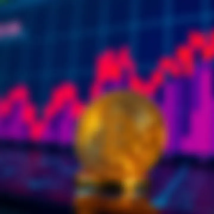 A graph showing a downward trend in Bitcoin prices with a coin in the foreground