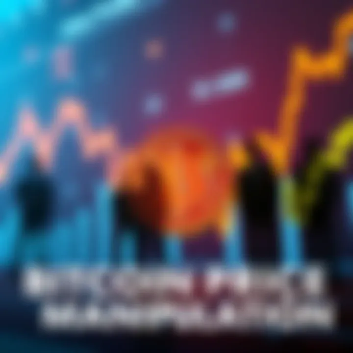 Bitcoin Price Manipulation A visual representation of Bitcoin's price being influenced, with a digital chart showing an upward trend and shadows of figures behind it.