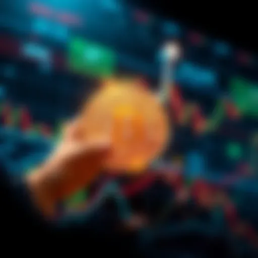 A graphic showing Bitcoin's price rising sharply, with a background of financial charts and symbols representing investment and growth.