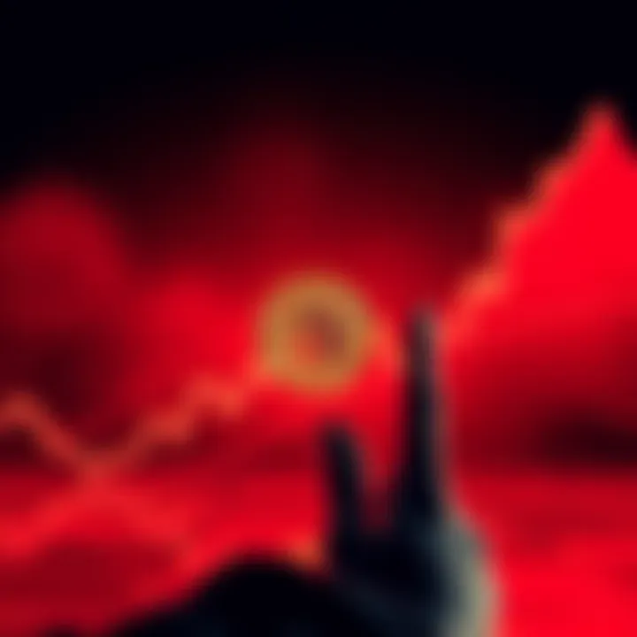 A graph showing Bitcoin prices dropping, with a red background symbolizing a market correction. A hand is reaching towards the Bitcoin logo, indicating a buying opportunity.