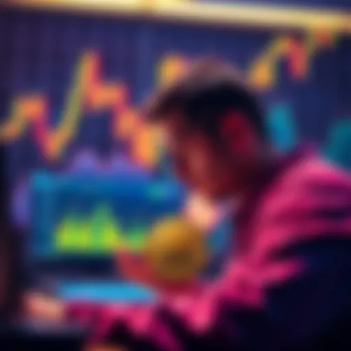 A person buying Bitcoin, focusing on the satoshis acquired rather than the dollar amount, with a chart showing fluctuating fiat currency values in the background.