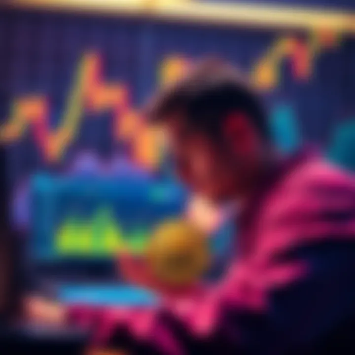 Bitcoin Satoshis A person buying Bitcoin, focusing on the satoshis acquired rather than the dollar amount, with a chart showing fluctuating fiat currency values in the background.