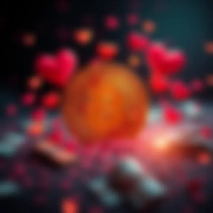 A glowing Bitcoin symbol surrounded by hearts and dollar signs, showing people's emotional and financial connection to cryptocurrency.