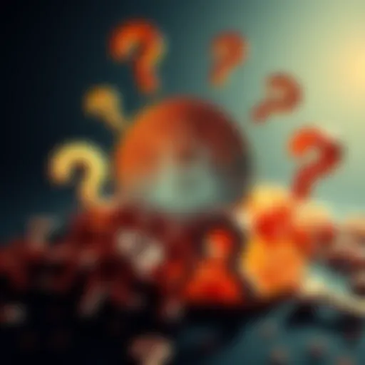 A Bitcoin symbol surrounded by question marks, representing uncertainty in cryptocurrency legitimacy, focusing on Bitcoin as the potential only trusted option among many projects.