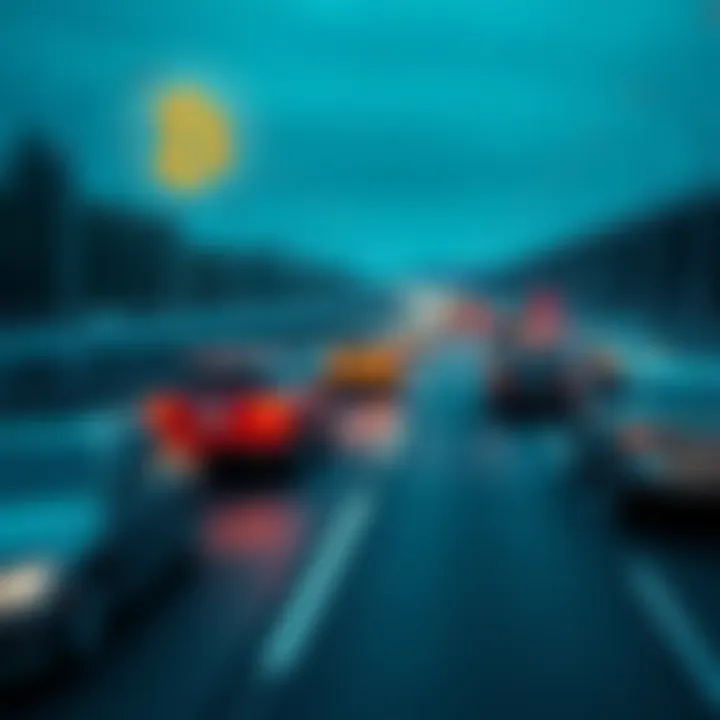 A visual representation of Bitcoin transactions shown as cars on a highway, illustrating different vehicle sizes for transaction sizes.