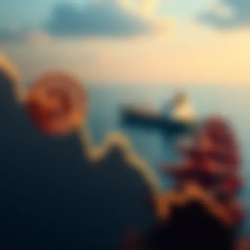 A graph showing Bitcoin price dropping below $75,000 with an illustration of an empty oil tanker in the background near the Strait of Hormuz