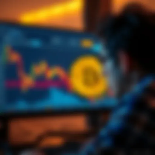 A person looking at a falling Bitcoin chart on a computer screen, showing financial concern.