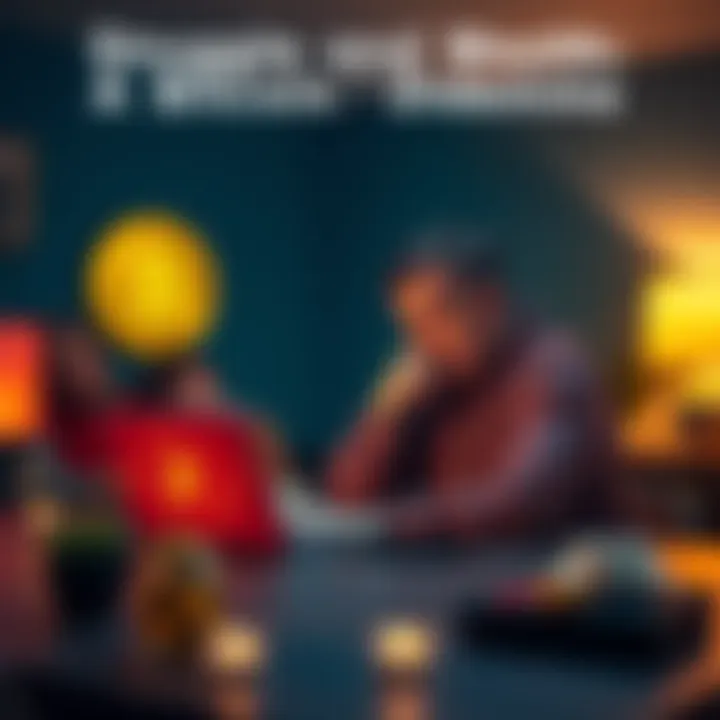 Bitcoin wealth and family A parent sitting at a table, looking at a Bitcoin chart on a laptop, with a thoughtful expression, while family photos are displayed in the background