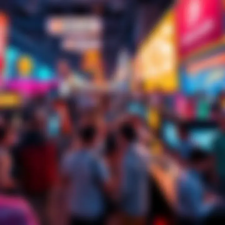 A lively scene with people networking at the Bitcoin 2026 conference, featuring a bustling exhibition area and digital displays of cryptocurrency