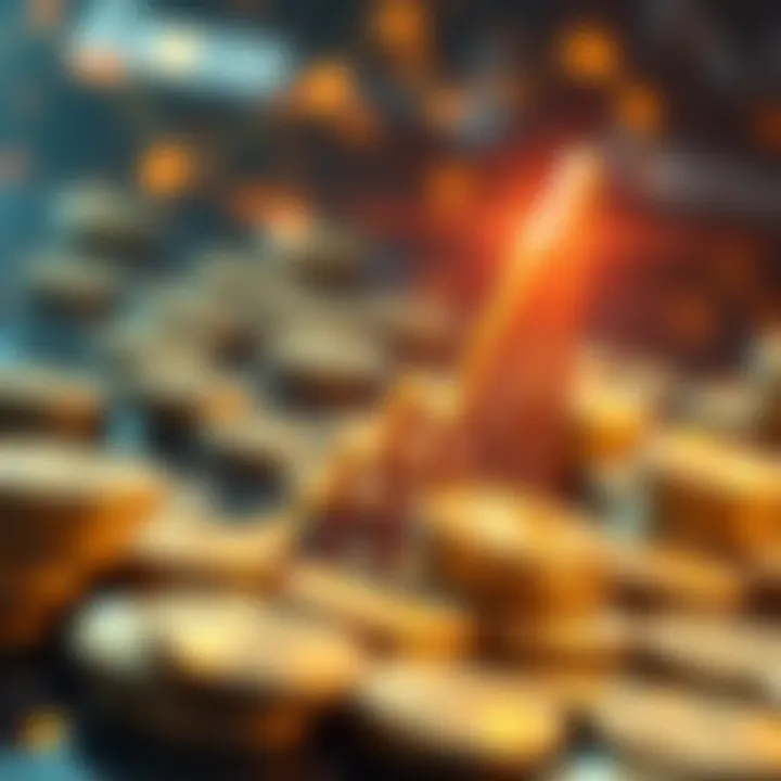 A digital representation of Bitcoin coins with a rising graph, symbolizing Bitcoin nearing 20 million in circulation and the ongoing mining process.