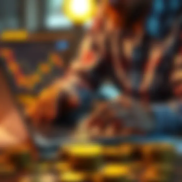 A person calculating their investments with Bitcoin charts on a laptop and coins on the table