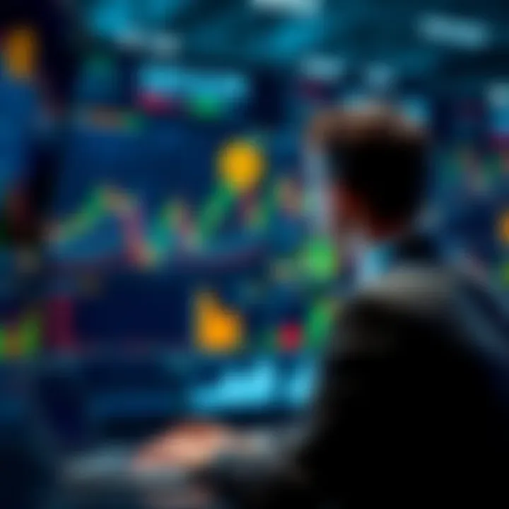 A businessman analyzing Bitcoin trends on a digital screen with graphs and charts in the background, representing institutional interest in cryptocurrency.