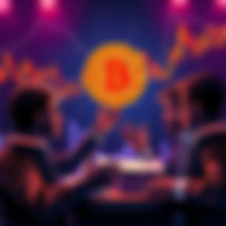 Bitcoin Advocacy A visual representation of Bitcoin supporters engaging in debate, with graphs showing fluctuating values and skeptical critics in the background.