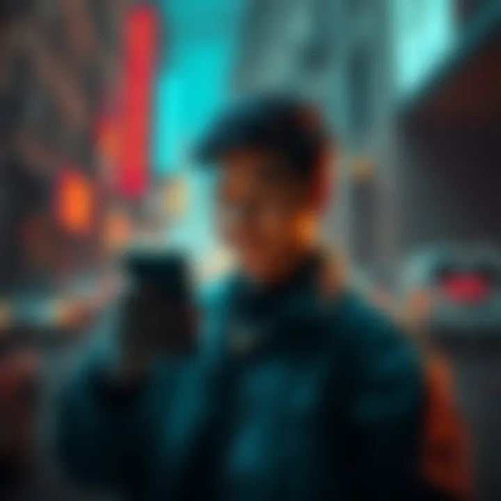 Person advocating for Bitcoin on social media Individual with a smartphone passionately posting about Bitcoin while surrounded by a dark urban scene reflecting a totalitarian regime