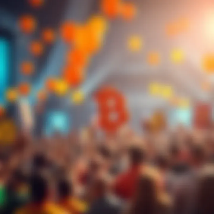 A joyful gathering of people celebrating Bitcoin's 17th anniversary with balloons and banners, showcasing its journey as a digital currency.