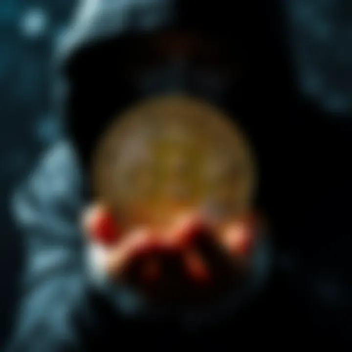A shadowy figure holds a Bitcoin symbol, representing anonymous financial transactions