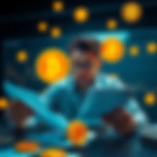A confused beginner investor looking at Bitcoin charts and paperwork, surrounded by crypto symbols