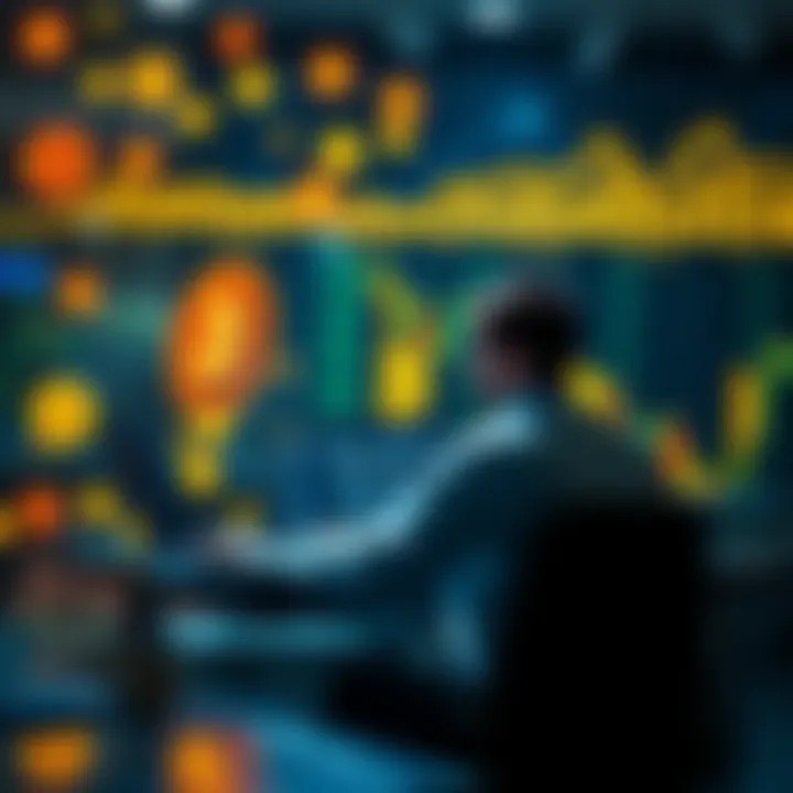A person sitting at a desk with a laptop, surrounded by Bitcoin symbols and financial charts, representing investment and wealth mindset.
