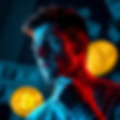 A person thinking about borrowing against Bitcoin, with a Bitcoin symbol and money in the background.