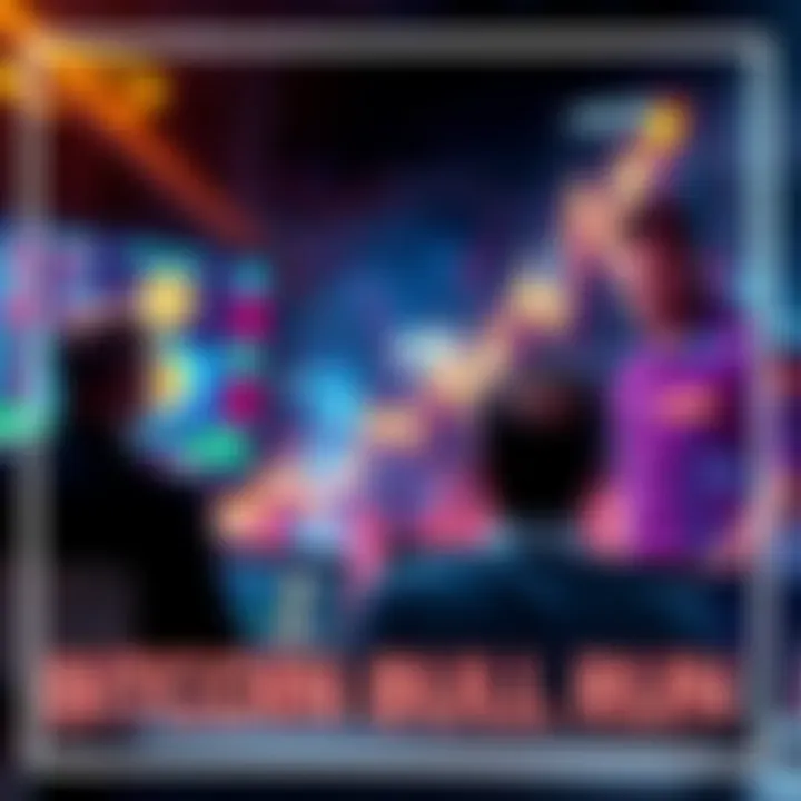 Bitcoin Bull Run Concept A graph showing an upward trend in Bitcoin value with a backdrop of worried investors looking at screens, illustrating market sentiment.