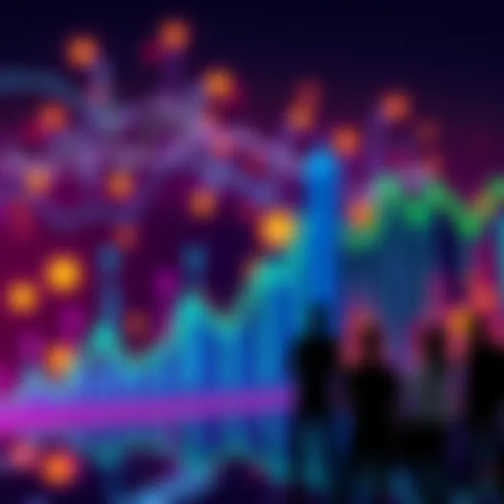 A graphic showing rising Bitcoin prices with a bullish trend and people discussing forecasts for the future.